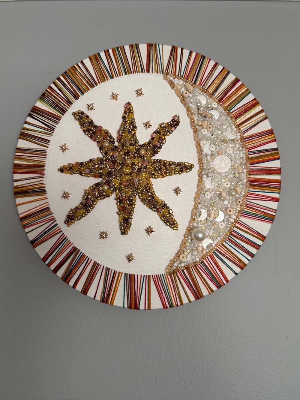 Hand Beaded Star & Crescent Wall Art - Gold and Cream